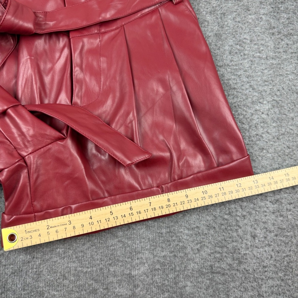 Ces Femme Faux Leather Shorts Women's Small Burgundy High Waist Pleated Tie Belt - Picture 6 of 12